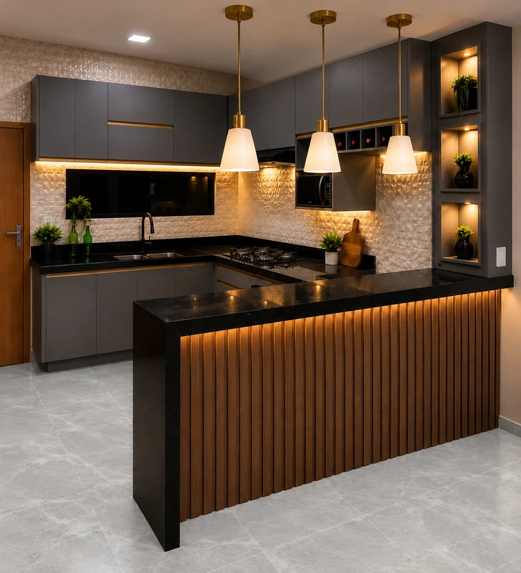 Simulação conceitual de cozinha reformada com piso cinza marmorizado, armários superiores, península ripada e iluminação de destaque