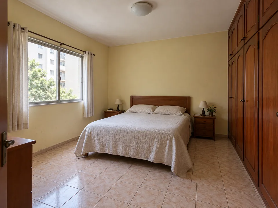 Quarto antes da reforma, com piso cerâmico antigo, paredes amareladas, cortina curta e guarda-roupa de madeira escura