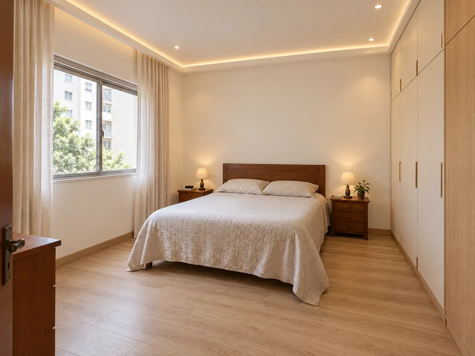 Simulação do mesmo quarto com piso amadeirado, pintura renovada, gesso com LED, cortina longa e novas frentes do guarda-roupa