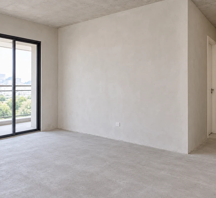Simulação conceitual da sala antes dos acabamentos, vazia, com contrapiso, paredes regularizadas e teto simples