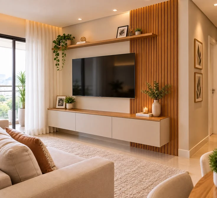 Referência do depois da sala, mobiliada com painel ripado, rack suspenso, cortinas, piso acabado e iluminação de destaque